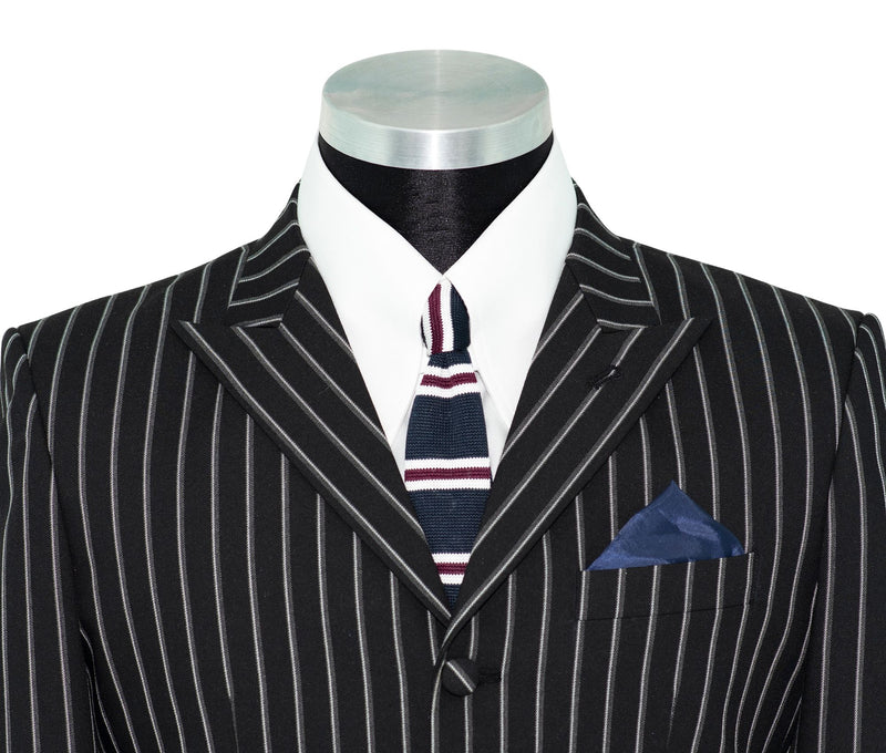 SALE Weller White Stripe in Black Peak Lapel 4 Button Mod Suit (40 Regular, Trouser 34, I.L.30)