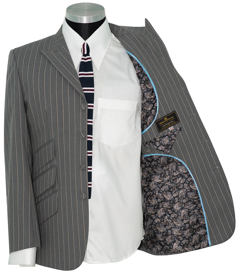 SALE Weller White Stripe in Grey Peak Lapel 4 Button Mod Suit (40 Regular, Trouser 34, I.L.30)